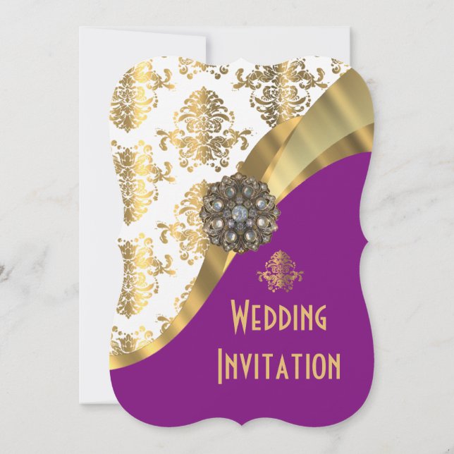 Invitación Boda de lujo morado oscuro y damasco dorado (Reverso)