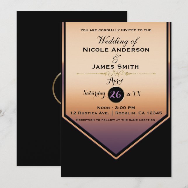 Invitación Boda de lujo morado y dorado Shine (Anverso / Reverso)