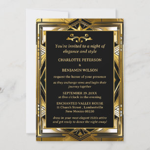 Invitación Boda de lujo negro y dorado Gatsby Art Deco años 2