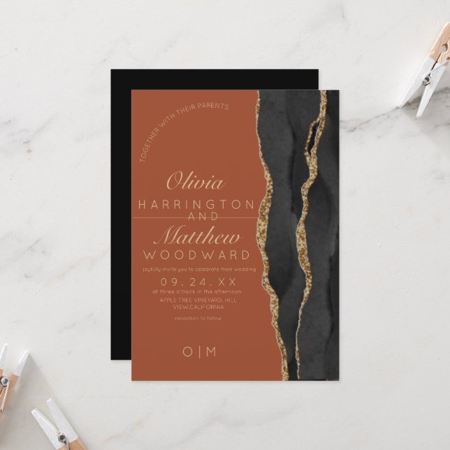 Invitación Boda de lujo negro y Naranja de la edad moderna (Anverso/Reverso In Situ)