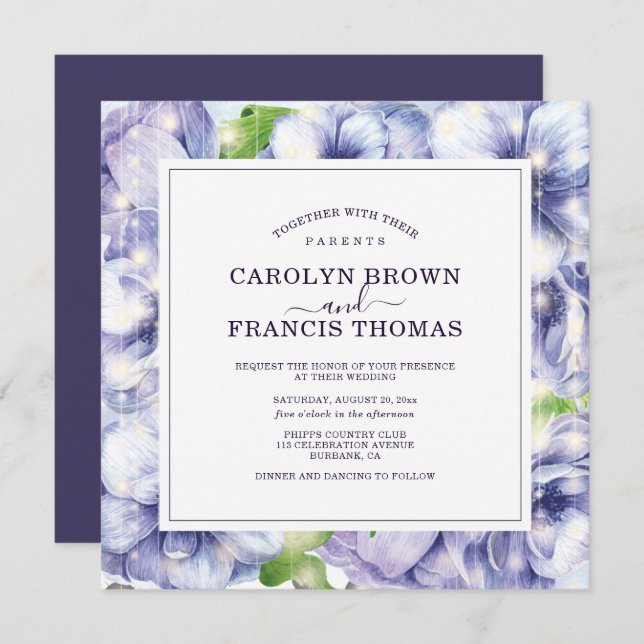 Invitación Boda de lujo Purple Floral Anemone (Anverso / Reverso)