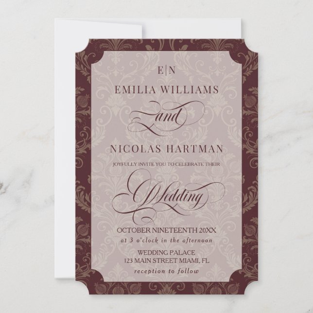 Invitación Boda de lujo real borgoña (Anverso)
