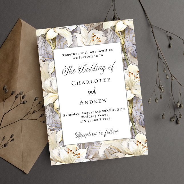 Invitación Boda de lujo retro de plata de lirios blancos (Subido por el creador)