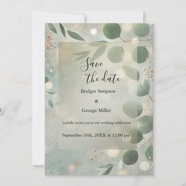 Invitación boda de lujo Sage Green Eucalyptus a salvo la fech (Anverso)