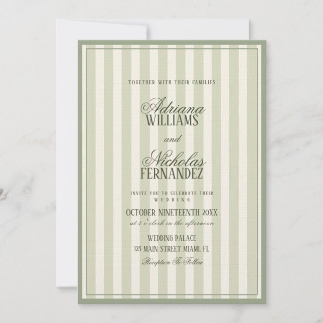 Invitación Boda de lujo verde salvia rayado (Anverso)