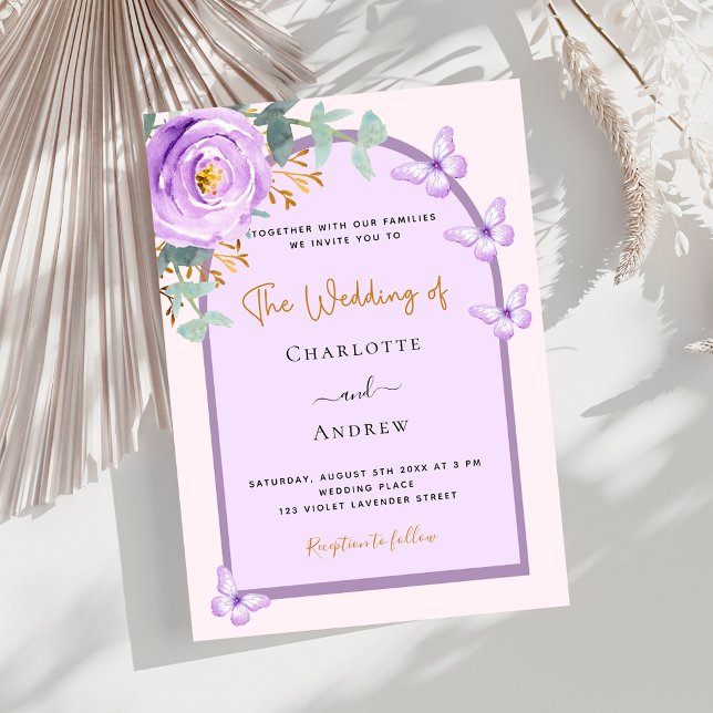 Invitación Boda de lujo violeta morado rosa con arco floral (Subido por el creador)