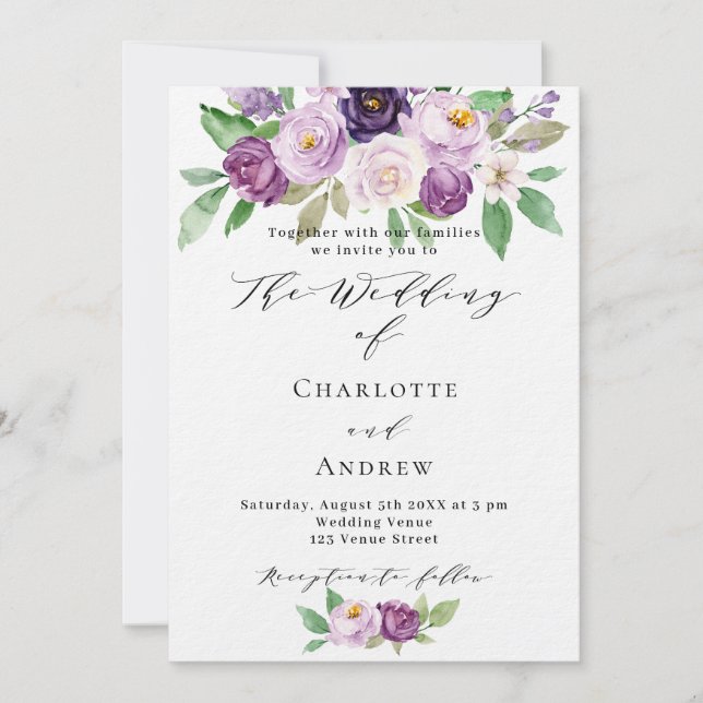 Invitación Boda de lujo violeta rosa morada violeta (Anverso)