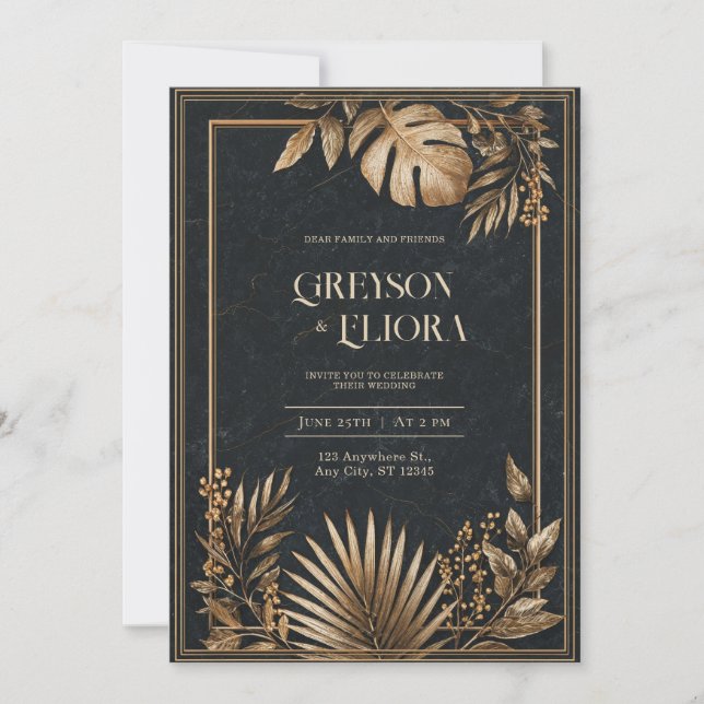 Invitación Boda de lujo VIP Black Marble & Gold (Anverso)