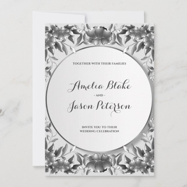 Invitación Boda de lujoso grabado en plata con follaje (Anverso)