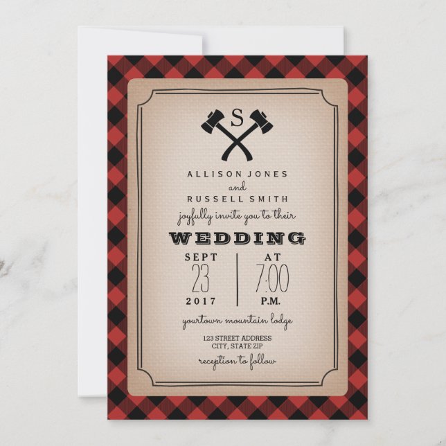 Invitación Boda De Lumberjack Monograma Ax De Búfalo (Anverso)