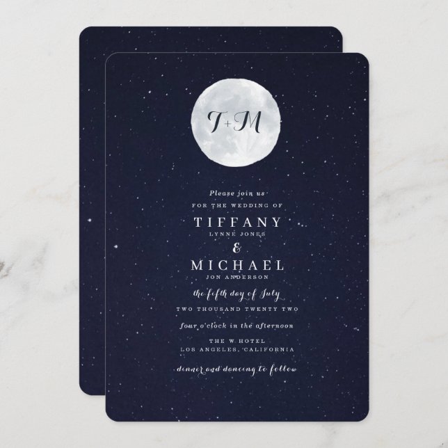 Invitación Boda de Luna Celeste y Cielo Estrellado (Anverso / Reverso)