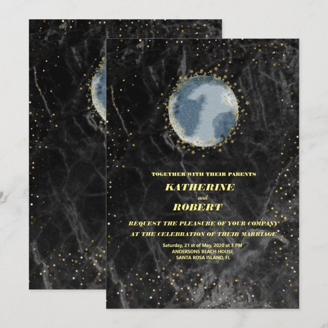 Invitación boda de luna de las estrellas azules de medianoche (Anverso / Reverso)