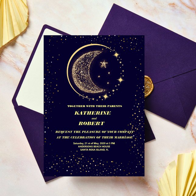 Invitación boda de luna de las estrellas azules de medianoche (Subido por el creador)