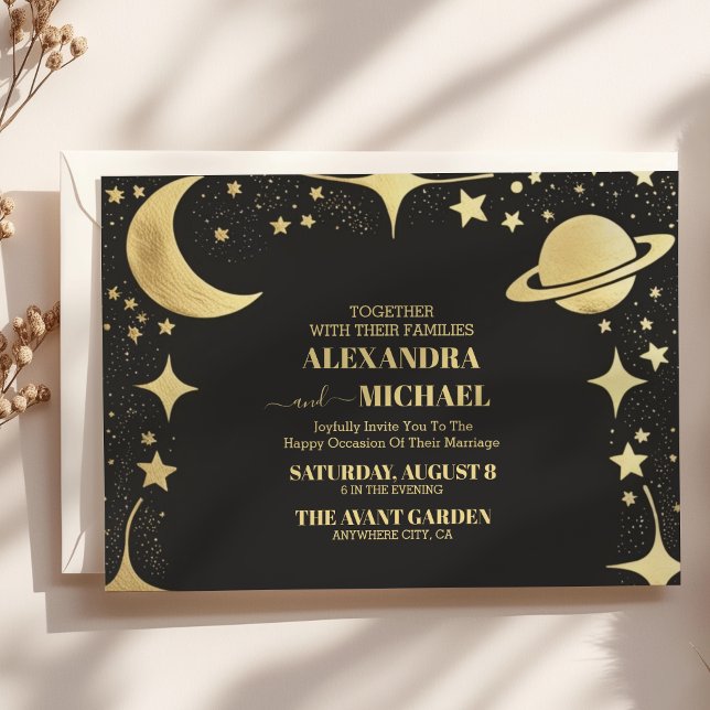 Invitación Boda de luna de luna de oro negro celestial (Subido por el creador)