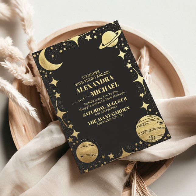 Invitación Boda de luna de luna de oro negro celestial (Subido por el creador)