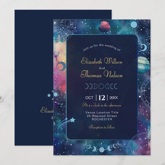 Invitación boda de luna de medianoche celestial (Anverso / Reverso)