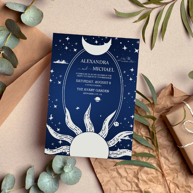Invitación Boda de luna de sol azul y plateado místico (Subido por el creador)