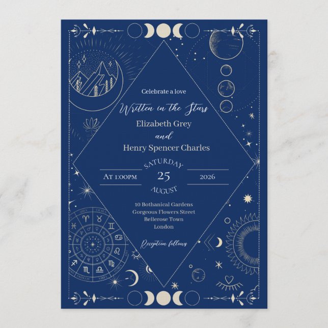 Invitación Boda de luna sol estrellas constelaciones (Anverso)