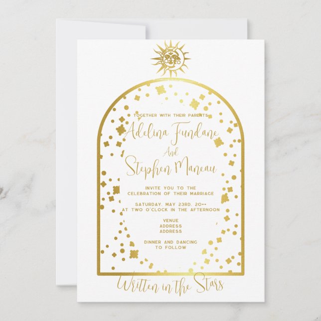 Invitación Boda de luna y sol de estrellas celestes blancas y (Anverso)