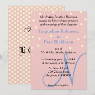 Invitación Boda de lunares con monograma rosa y azul