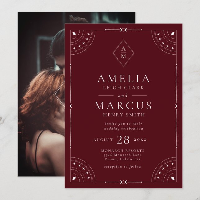 Invitación Boda de lunas y estrellas celestiales oscuras de B (Anverso / Reverso)