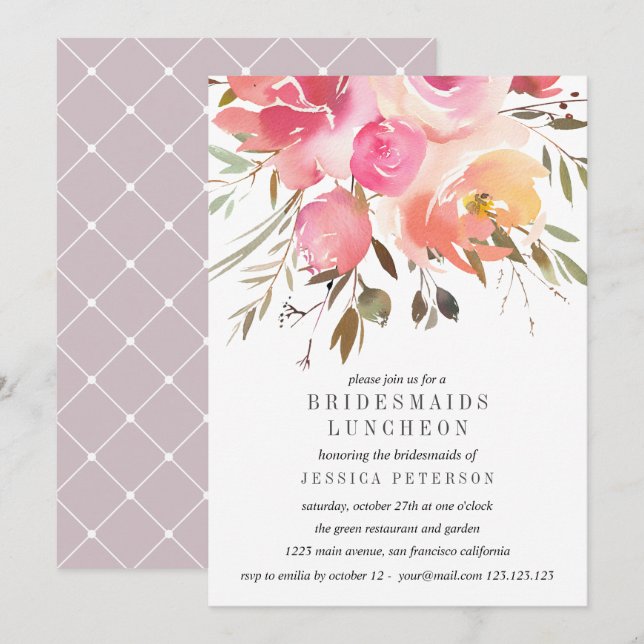 Invitación Boda de Luncheon de Bridesmaids con flores rosadas (Anverso / Reverso)