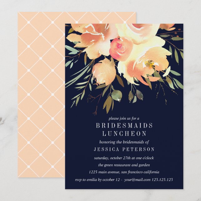 Invitación Boda de Luncheon de Dream Peach y Navy Bridesmaids (Anverso / Reverso)