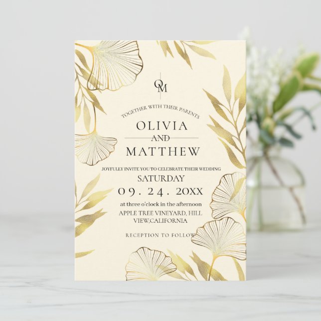 Invitación Boda de Luxury Crema Gold Leaf (Anverso de pie)