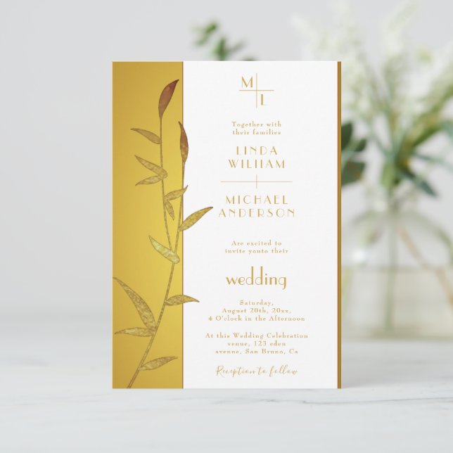 Invitación Boda de Luxury Gold y Golden Leaves (Anverso de pie)