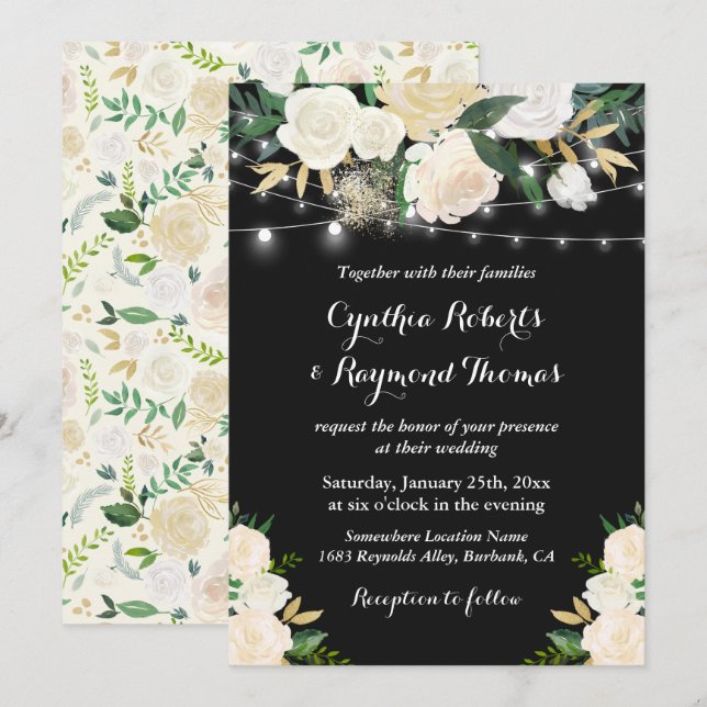Invitación Boda de luz de cadena floral acuarela marfil-crema (Anverso / Reverso)