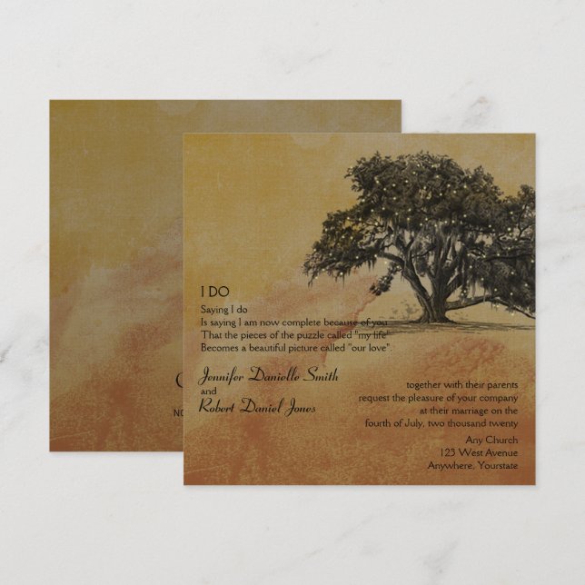 Invitación Boda de luz de cadena y árbol de roble otoño (Anverso / Reverso)