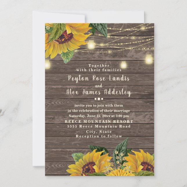 Invitación Boda de luz de girasol de madera rústica (Anverso)