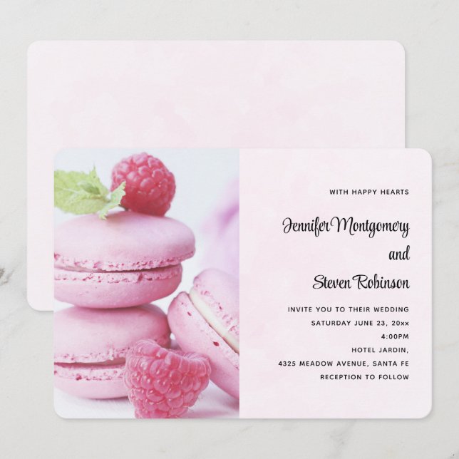 Invitación Boda de Macarons Rosados y Frambuesas Rojas (Anverso / Reverso)