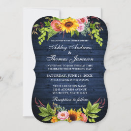 Invitación Boda De Madera Azul Floral De Giro Rústico