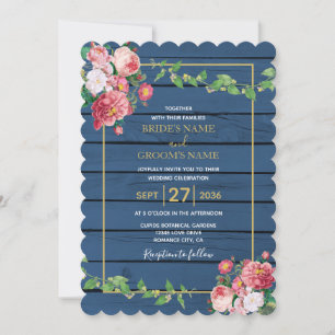 Invitación Boda de madera azul marino rosas rosadas vintage y