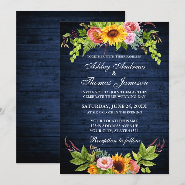 Invitación Boda de Madera Azul Rústico Floral de girasol (Anverso / Reverso)