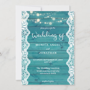 Invitación Boda de Madera Azul y Encaje con Luces de Cuerda