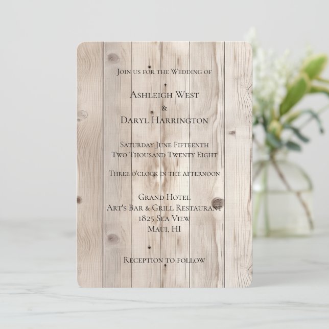 Invitación Boda de madera blanca crema (Anverso de pie)