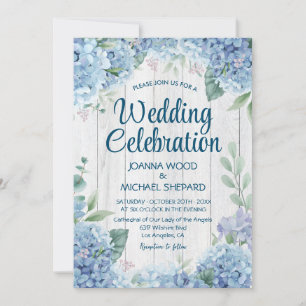 Invitación Boda de madera blanca rústica   Hortensia azul