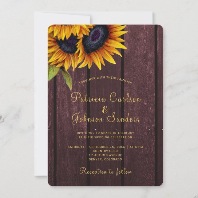 Invitación Boda de madera burdeos de girasol ruso (Anverso)