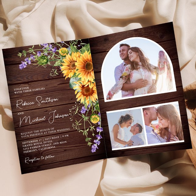 Invitación Boda de madera con código QR de girasoles lavanda (Subido por el creador)