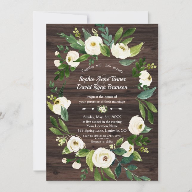 Invitación Boda de madera con corona floral blanca en acuarel (Anverso)