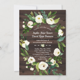 Invitación Boda de madera con corona floral blanca en acuarel