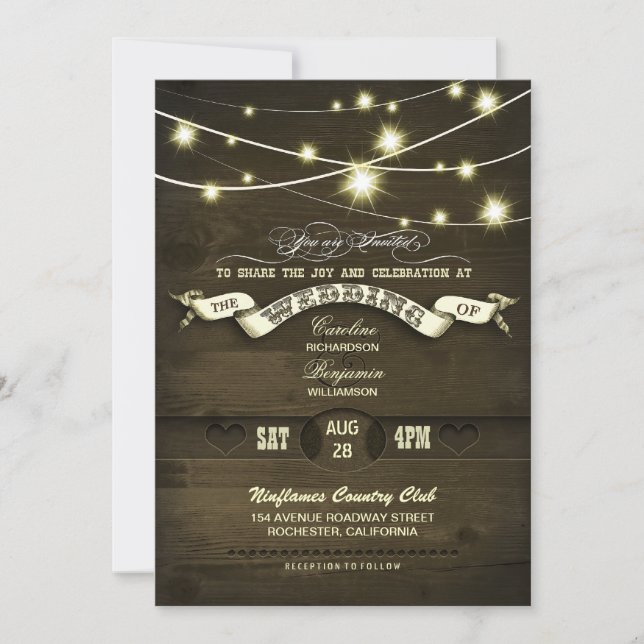 Invitación boda de madera con luces de cuerda rústicas de cam (Anverso)