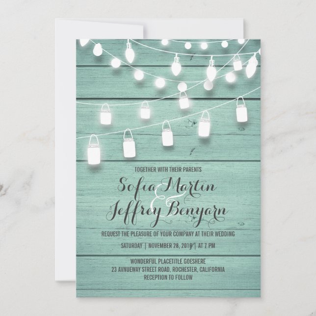 Invitación Boda de Madera de Barn verde azulada y Luces de Ma (Anverso)