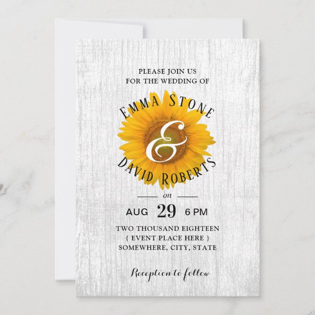 Invitación Boda De Madera De Barno Blanco Rústico De Girasol (Anverso)