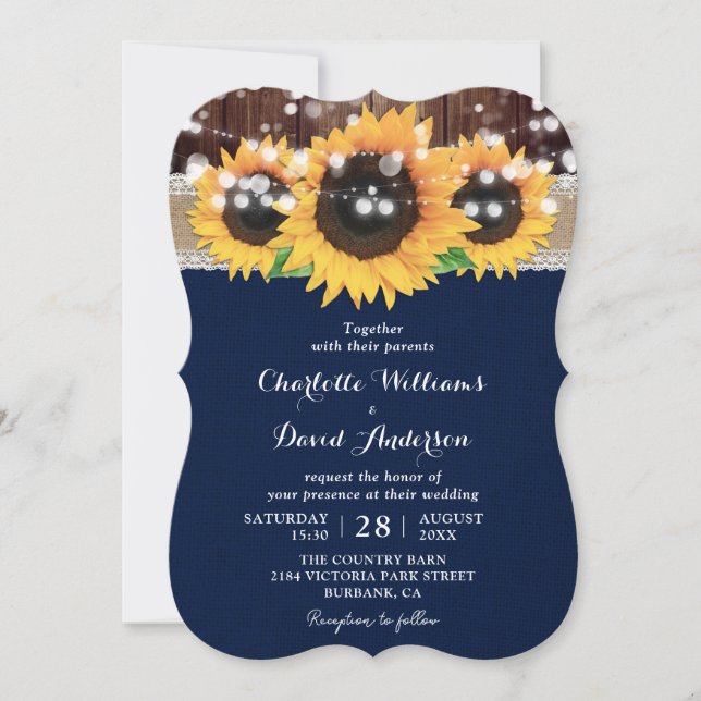 Invitación Boda de madera de campo rústico con girasol azul d (Anverso)