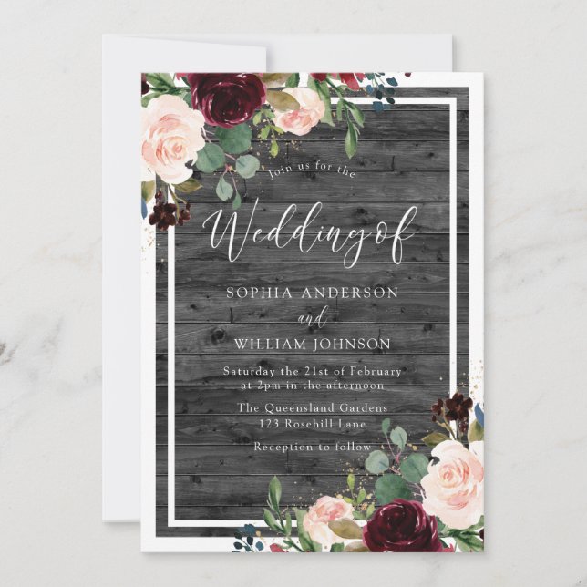 Invitación Boda de madera de carbón vegetal Rubor & Burgundy  (Anverso)