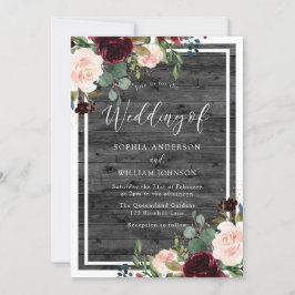 Invitación Boda de madera de carbón vegetal Rubor & Burgundy 