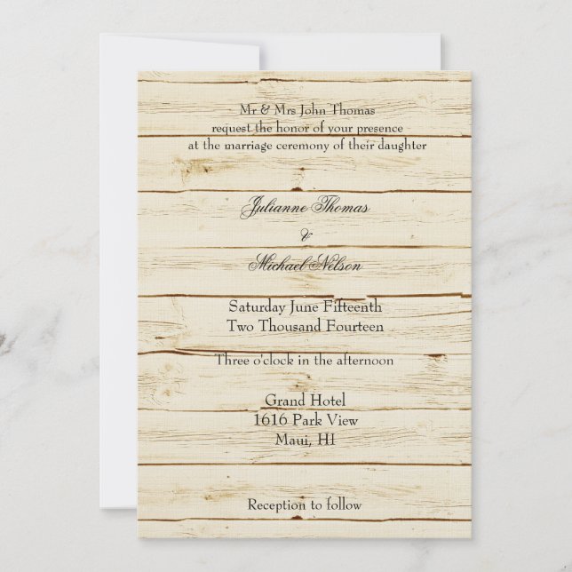 Invitación Boda de madera de crema rústica (Anverso)